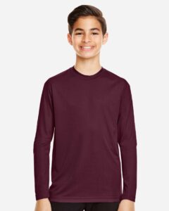 Team 365 TT11YL Youth Zone Performance Long Sleeve T-Shirt – Sport Dark Maroon (on model)