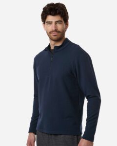 AllPro STF870 Men’s Stretch Quarter-Zip Fleece Pullover – Navy (on model side)