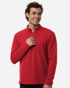 AllPro STF870 Men’s Stretch Quarter-Zip Fleece Pullover – Red (on model)