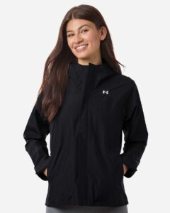 Under Armour 6009571 Women’s Cloudstrike Jacket – Black/ White (on model)