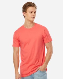 Tultex 202 Unisex Fine Jersey T-Shirt – Bright Coral (on model)