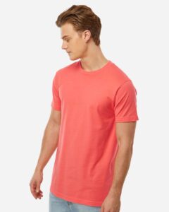 Tultex 202 Unisex Fine Jersey T-Shirt – Bright Coral (on model side)