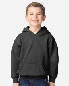 Gildan 18500B Youth Heavy Blend™ Hooded Sweatshirt – Fan Charcoal Heather (on model)