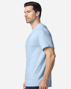 Gildan 64PLSMA Unisex Softstyle® Plasma Print T-Shirt – Light Blue (on model side)