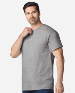 Gildan 64PLSMA Unisex Softstyle® Plasma Print T-Shirt – Sport Grey (on model side)