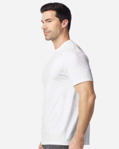 Gildan 64PLSMA Unisex Softstyle® Plasma Print T-Shirt – White (on model side)