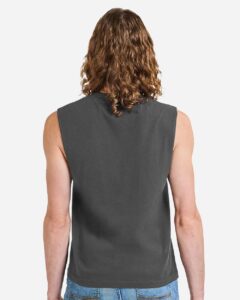 American Apparel 207GD Unisex Heavyweight Cotton Garment-Dyed Boxy Muscle Tee – Faded Black (on model back)