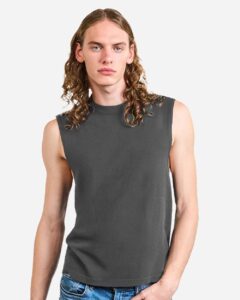 American Apparel 207GD Unisex Heavyweight Cotton Garment-Dyed Boxy Muscle Tee – Faded Black (on model)