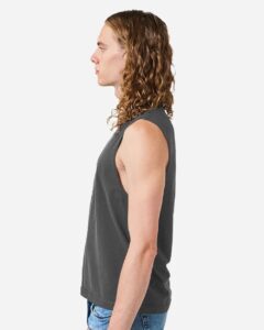 American Apparel 207GD Unisex Heavyweight Cotton Garment-Dyed Boxy Muscle Tee – Faded Black (on model side)