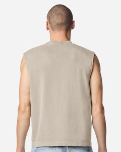 American Apparel 207GD Unisex Heavyweight Cotton Garment-Dyed Boxy Muscle Tee – Faded Bone (on model back)