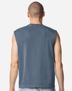 American Apparel 207GD Unisex Heavyweight Cotton Garment-Dyed Boxy Muscle Tee – Faded Navy (on model back)