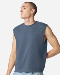 American Apparel 207GD Unisex Heavyweight Cotton Garment-Dyed Boxy Muscle Tee – Faded Navy (on model)