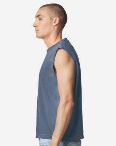 American Apparel 207GD Unisex Heavyweight Cotton Garment-Dyed Boxy Muscle Tee – Faded Navy (on model side)