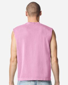 American Apparel 207GD Unisex Heavyweight Cotton Garment-Dyed Boxy Muscle Tee – Faded Powder Pink (on model back)