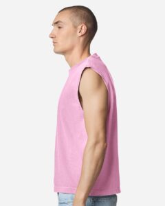 American Apparel 207GD Unisex Heavyweight Cotton Garment-Dyed Boxy Muscle Tee – Faded Powder Pink (on model side)