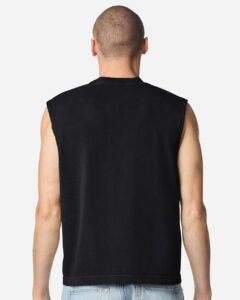 American Apparel 207GD Unisex Heavyweight Cotton Garment-Dyed Boxy Muscle Tee – True Black (on model back)