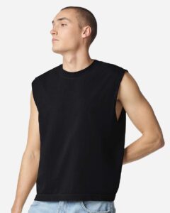 American Apparel 207GD Unisex Heavyweight Cotton Garment-Dyed Boxy Muscle Tee – True Black (on model)