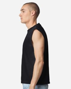 American Apparel 207GD Unisex Heavyweight Cotton Garment-Dyed Boxy Muscle Tee – True Black (on model side)