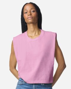 American Apparel 307GD Women’s Heavyweight Cotton Garment-Dyed Muscle Tee – Faded Powder Pink (on model)