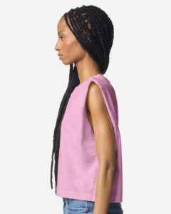 American Apparel 307GD Women’s Heavyweight Cotton Garment-Dyed Muscle Tee – Faded Powder Pink (on model side)