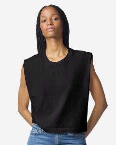 American Apparel 307GD Women’s Heavyweight Cotton Garment-Dyed Muscle Tee – True Black (on model)
