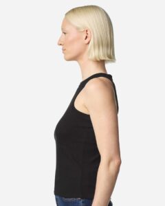 American Apparel BR2101 Women’s Baby Rib Fitted Tank – Black (on model side)