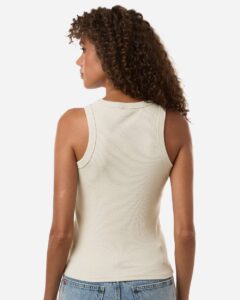 American Apparel BR2101 Women’s Baby Rib Fitted Tank – Bone (on model back)
