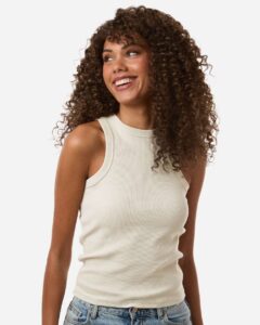 American Apparel BR2101 Women’s Baby Rib Fitted Tank – Bone (on model)
