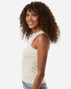 American Apparel BR2101 Women’s Baby Rib Fitted Tank – Bone (on model side)