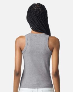 American Apparel BR2101 Women’s Baby Rib Fitted Tank – Heather Grey (on model back)