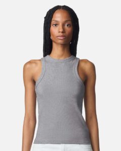 American Apparel BR2101 Women’s Baby Rib Fitted Tank – Heather Grey (on model)