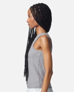 American Apparel BR2101 Women’s Baby Rib Fitted Tank – Heather Grey (on model side)