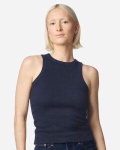 American Apparel BR2101 Women’s Baby Rib Fitted Tank – Navy (on model)