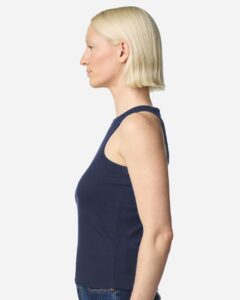American Apparel BR2101 Women’s Baby Rib Fitted Tank – Navy (on model side)