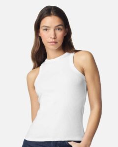 American Apparel BR2101 Women’s Baby Rib Fitted Tank – White (on model)
