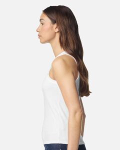 American Apparel BR2101 Women’s Baby Rib Fitted Tank – White (on model side)