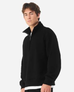 BELLA + CANVAS 4740 Unisex 10 oz Quarter-Zip Pullover Sweatshirt – Black (on model side)