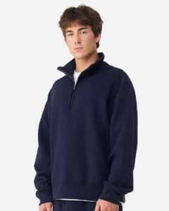 BELLA + CANVAS 4740 Unisex 10 oz Quarter-Zip Pullover Sweatshirt – Navy (on model side)