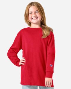 Champion CH1751 Youth Long Sleeve T-Shirt – Red (on model)