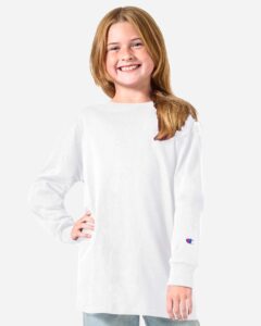 Champion CH1751 Youth Long Sleeve T-Shirt – White (on model)