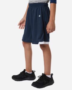 Badger 2301 Youth On The Rise Shorts – Navy/ White (on model side)