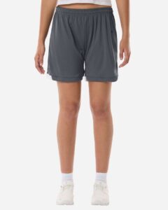Badger 7102 Women’s On The Rise Shorts – Graphite/ White (on model)