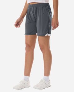 Badger 7102 Women’s On The Rise Shorts – Graphite/ White (on model side)