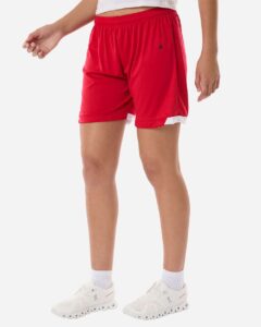 Badger 7102 Women’s On The Rise Shorts – Red/ White (on model side)