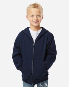 Independent Trading Co. SS4001YZ Youth Midweight Full-Zip Hooded Sweatshirt – Classic Navy (on model)