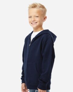 Independent Trading Co. SS4001YZ Youth Midweight Full-Zip Hooded Sweatshirt – Classic Navy (on model side)