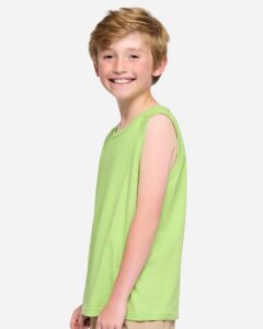 LAT 6123 Youth Fine Jersey Tank – Key Lime (on model side)