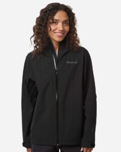 Marmot M16756 Women’s PreCip Evo Flex Hooded Jacket – Black (on model)
