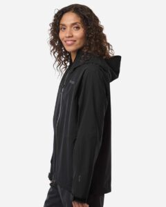 Marmot M16756 Women’s PreCip Evo Flex Hooded Jacket – Black (on model side)