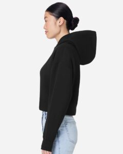 Lane Seven LS88001 Women’s Relaxed Cropped Hoodie Sweatshirt – Black (on model side)